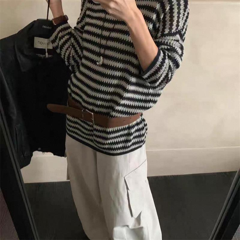 Vintage Striped Hollow-Out Long Sleeve Knitwear for Women - 2025 Autumn Loose Lazy Style Trendy Top
