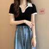 Women's Color Block Short Sleeve Polo Collar T-shirt - 2026 Summer Petite Chic Design