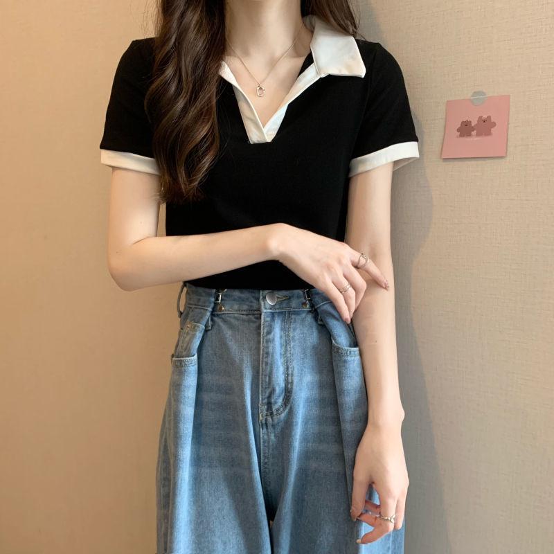 Women's Color Block Short Sleeve Polo Collar T-shirt - 2026 Summer Petite Chic Design