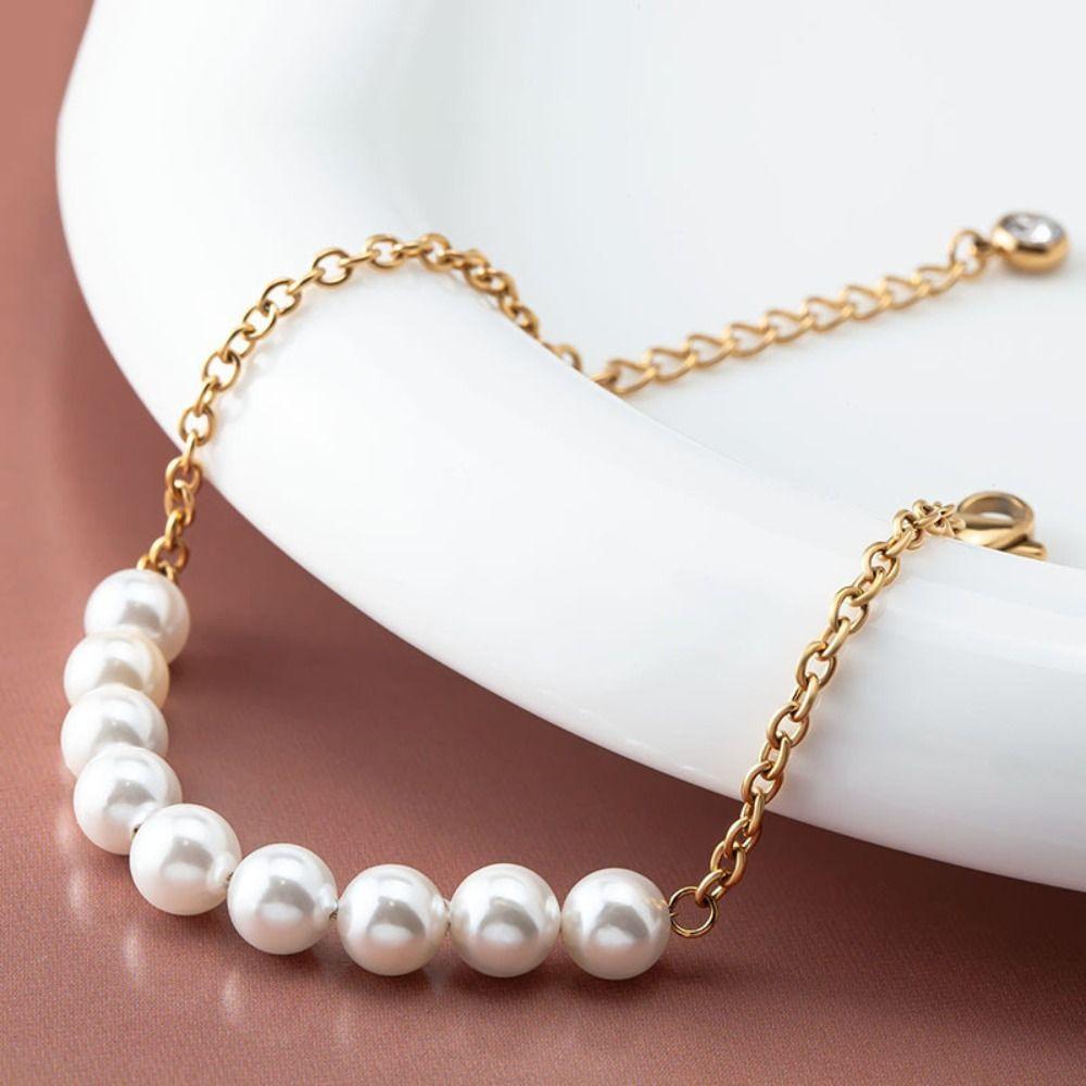 Steel Chain Pearl Bracelets Gold Color Beads Bracelets Dainty Simple Thin Pulseras  Party Wedding