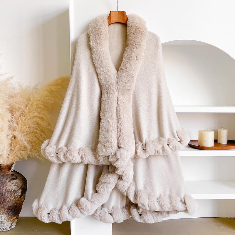 Winter Thicken Mink Wool Full Trims Faux Fur Cape Women's Hooded Loose Fleece Cloak Coat Party Wraps Warm
