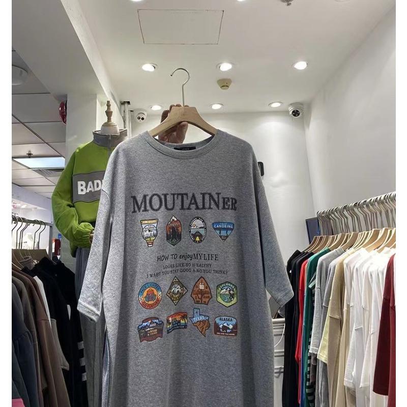 

Футболка с принтом и коротким рукавом, с круглым вырезом, юбка, женская одежда, корейская версия, свободное платье большого размера, платье до колена, летнее XXL светло-серый