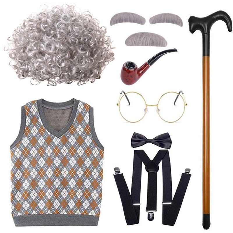 Classic Grandfather Costume Wig Set Featuring Short Soft Curly Hair And Stylish Vest For Kids