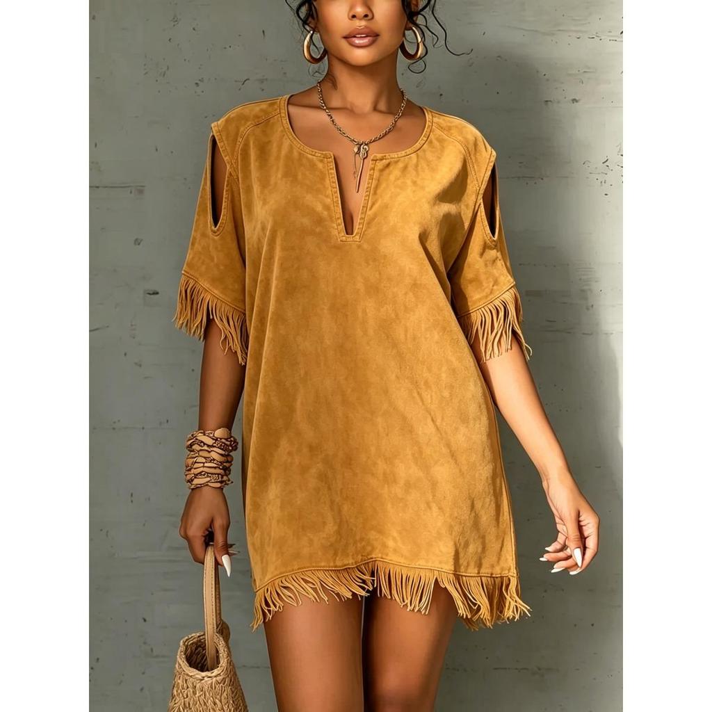 Women's V Neck Cold Shoulder Fringe Trim Solid Suede Loose Short Casual Dress