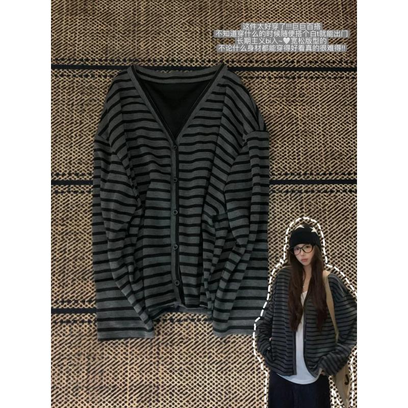 

Ленивый ветер свободный контрастный полосатый топ женский весенне-осенний новый однобортный кардиган куртка с длинным рукавом вязаный свитер XL