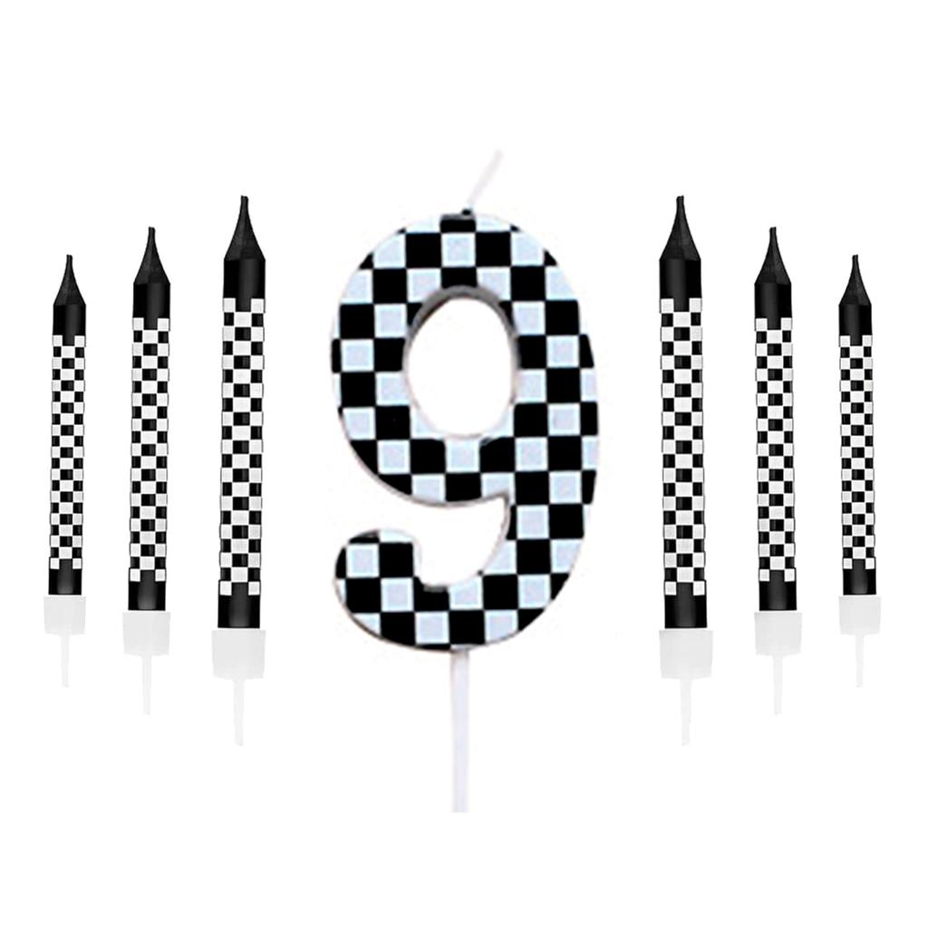 7Pcs Birthday Candles Set,Cake Numeral Candles,Racing Cars Themed Birthday Candles for Cake Candle Checkered Decoration