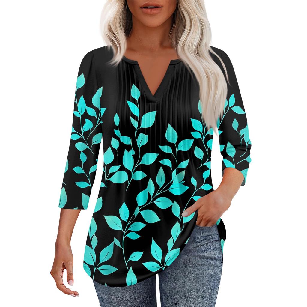 Modisches, lässiges T-Shirt mit plissiertem V-Ausschnitt und einfarbigen Siebenviertelärmeln für Damen