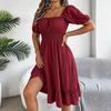 Women's Square Neck Puff Sleeve Midi Dress, Smocked Waist Ruffle Hem A-Line Casual Dress for Spring and Summer