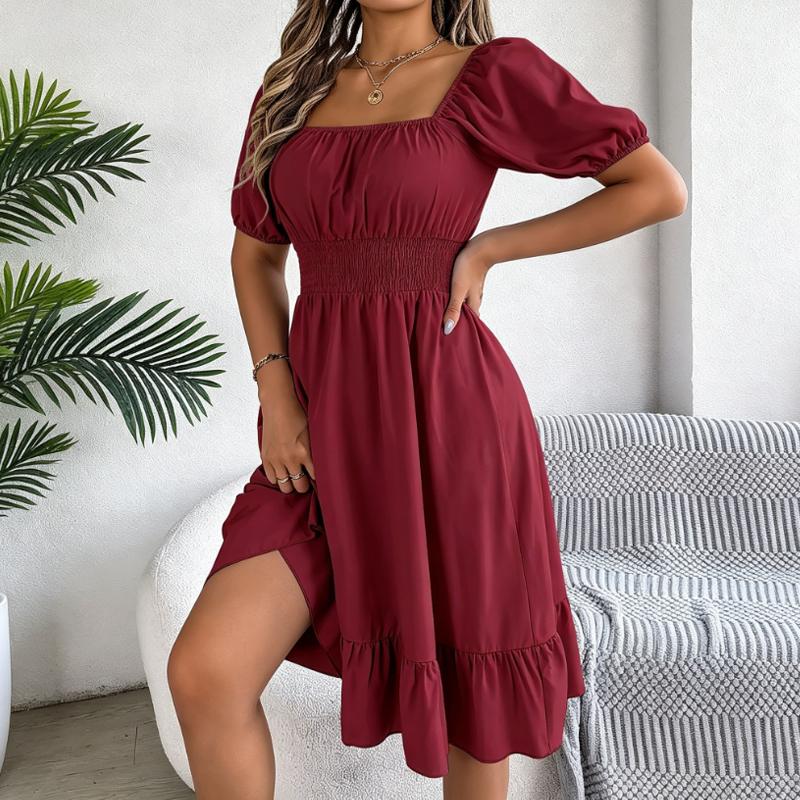 Women's Square Neck Puff Sleeve Midi Dress, Smocked Waist Ruffle Hem A-Line Casual Dress for Spring and Summer