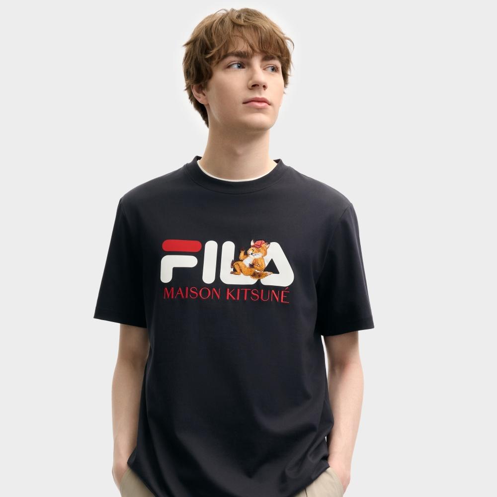 Fila X Maison Kitsune Classic Fox Casual Fashion Sports Short Sleeve T-Shirt Men Tops Legendary-Blue F11M529101F-NV