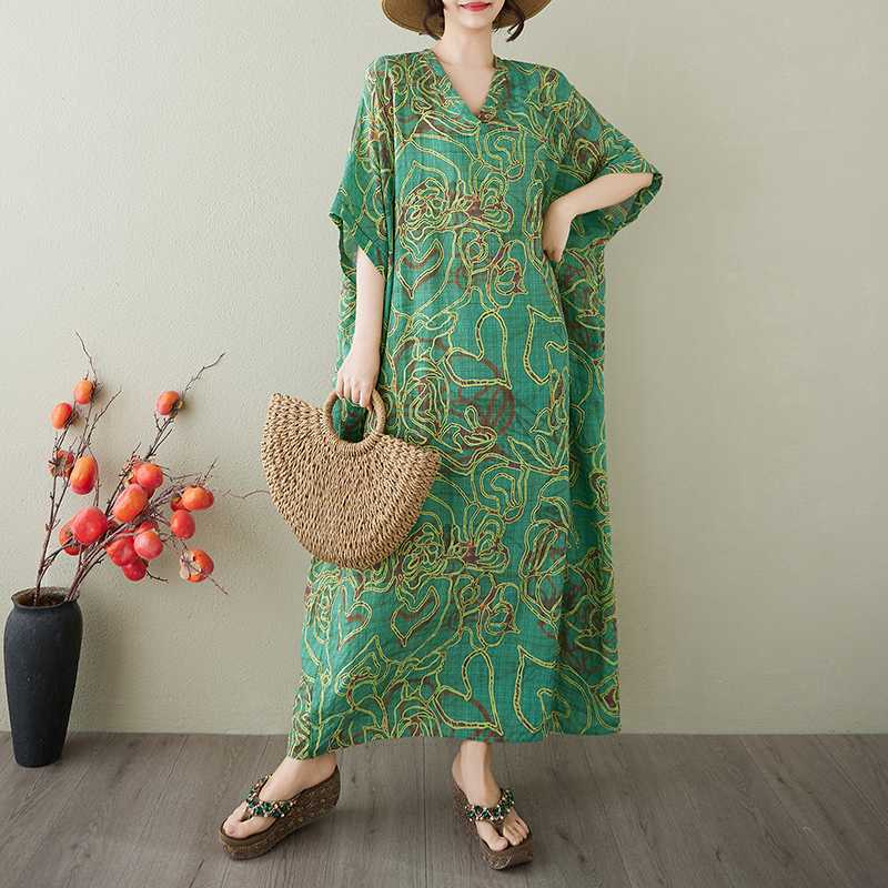 Vestido Largo Vintage para Mujer con Estampados de Algodón y Lino