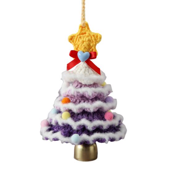 Handmade Mini Knitted Christmas Tree Ornament Multi-Layered Crochet Snow Flocked Tree with Gold Bells