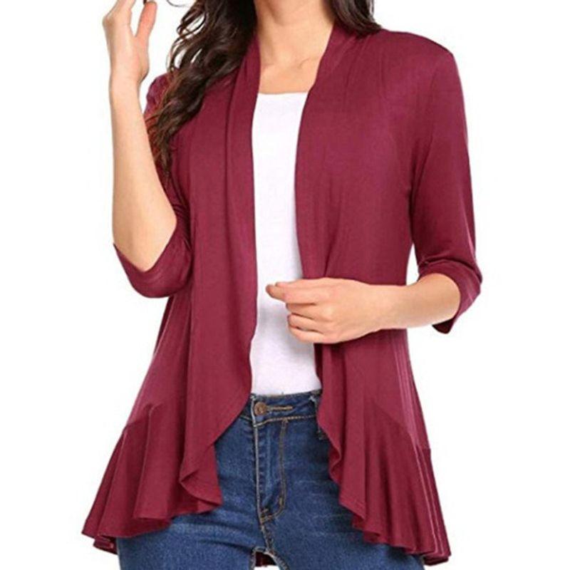 

Solid Color New Cardigan Flood Top Pure Color New Arrival Cardigan Ruffle Top Red wine S