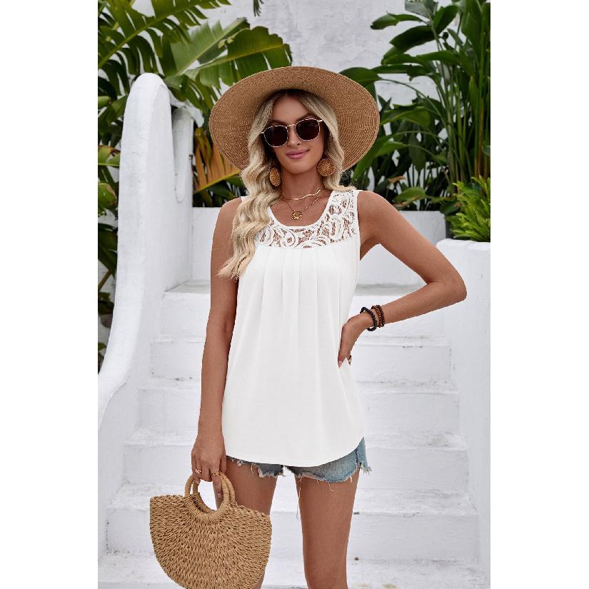 2026 New Women s Sleeveless Lace Pleated Round Neck T-Shirt Summer Casual Top S белый