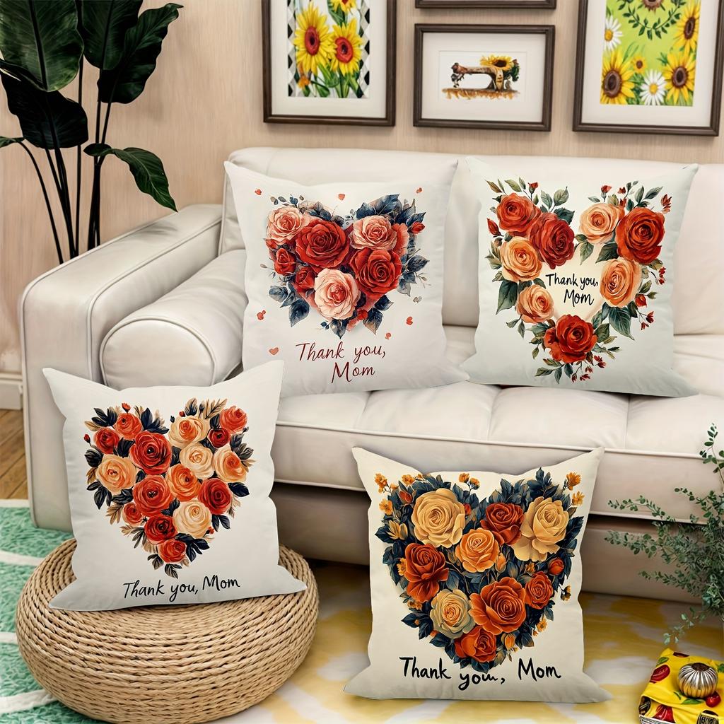 4pcs Happy Mother's Day Decorative Pillowcase Set, 18x18 Inch Floral Heart Cushion Covers for Sweet Home Decor, Gift for Mom, for Porch Patio Sofa