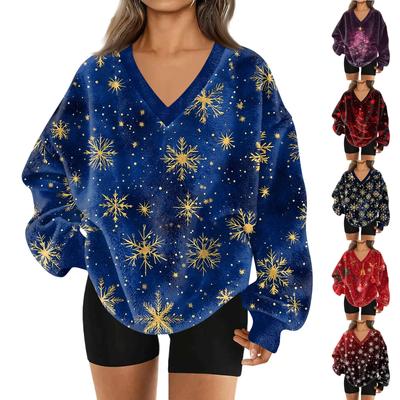 Women's Fashion Casual Long Sleeve Christmas Printed V-Neck Top Sweatshirt