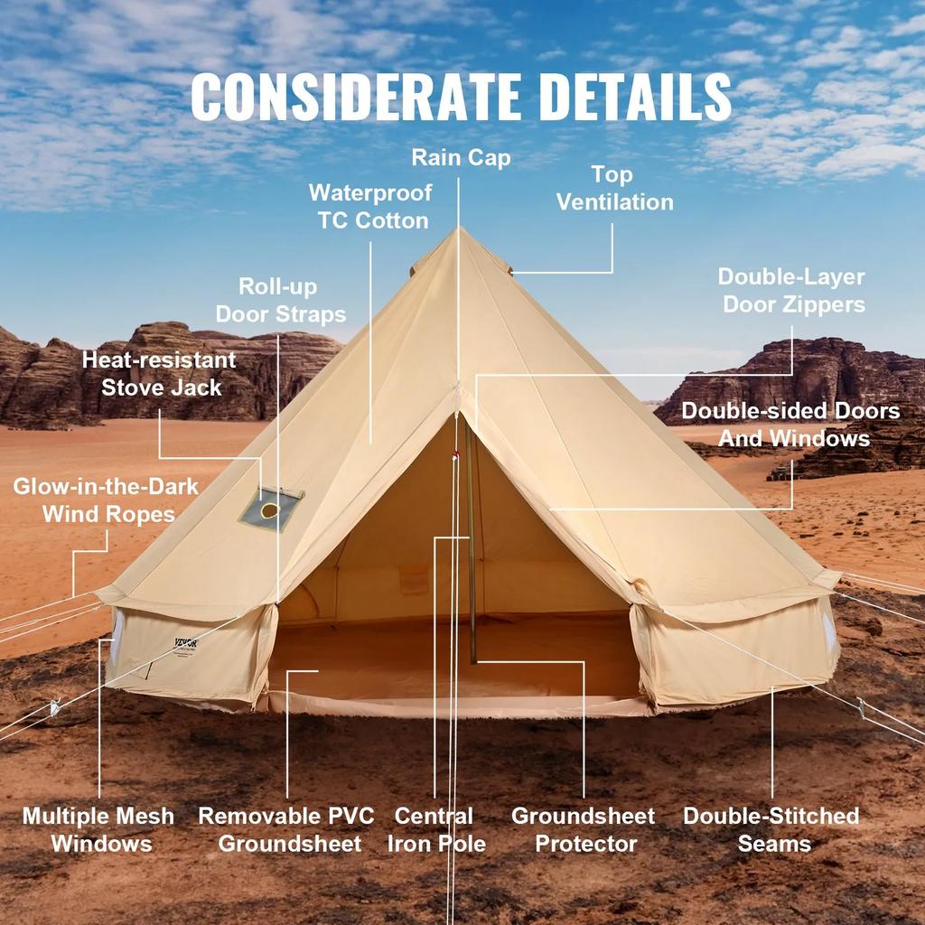 VEVOR Canvas Bell Tent, 4 Seasons 4 m/13.12 ft Yurt Tent, Canvas Tent for Camping with Stove Jack, Breathable Tent Holds up to 6 People