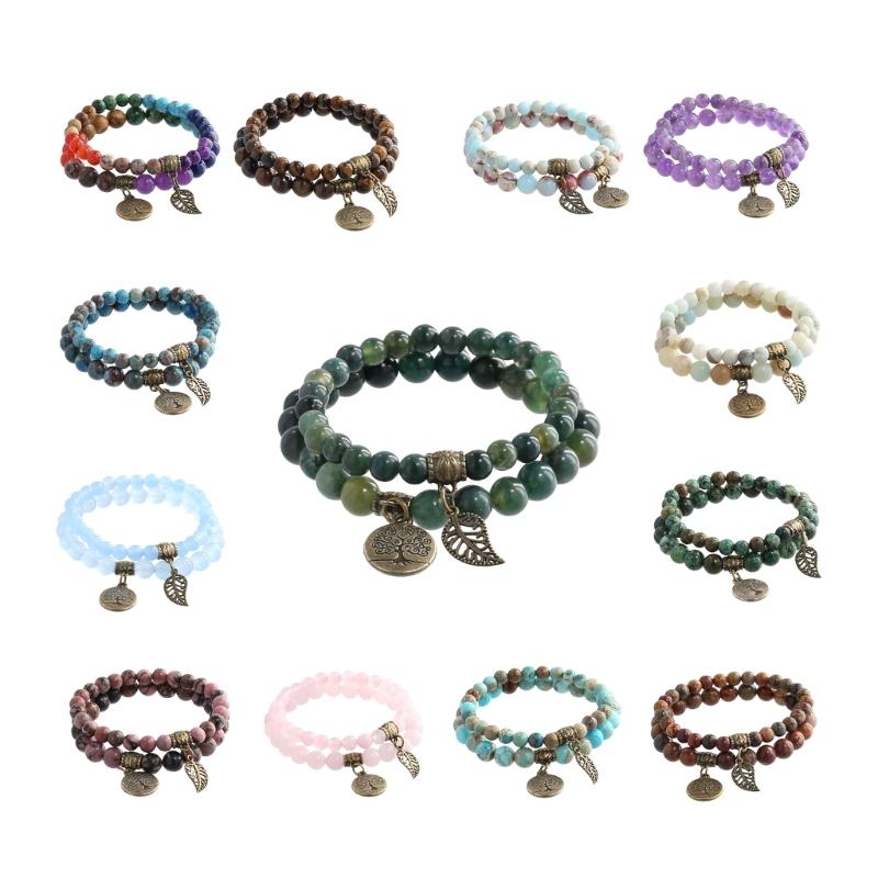 Tree Charm Bracelet Set Agates Bead  Stone Bracelets for Women Man Leaf Pendant Bangles Jewelry Gift