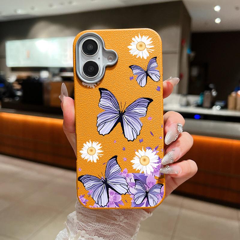 Butterflies Flowers Phone Case For iPhone 16 15 Pro Max 16e 15 14 Plus 13 12 Pro Max 11 Shockproof Leather Texture Soft Colourful Cover