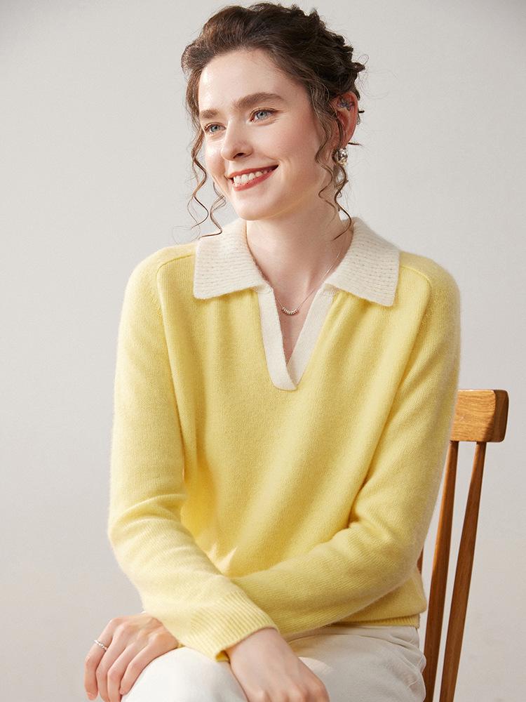 Patchwork Lapel Cashmere Sweater: Women's Slimming Knitwear Pullover