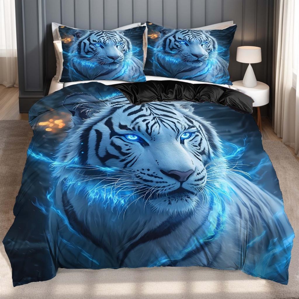 3pcs Fashion Bedding Set Blue Tiger 3D Print Comfortable Breathable Duvet Cover King Queen Twin Single Size Boys Birthday Gift