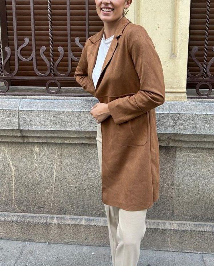 Dámský podzimní/zimní semišový kabát s límcem, ležérní větrovka