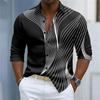 Men's Shirt with Simple Geometric Lines Printed in Contrasting Colors, Loose Long Sleeved Top, Daily Casual Versatile Shirt