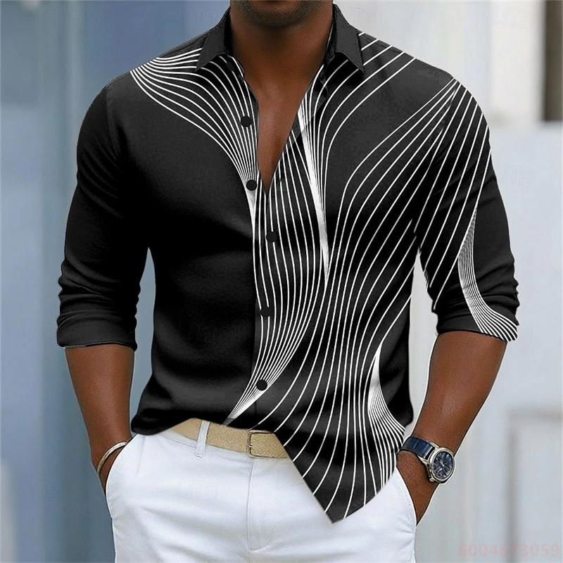 Men's Shirt with Simple Geometric Lines Printed in Contrasting Colors, Loose Long Sleeved Top, Daily Casual Versatile Shirt