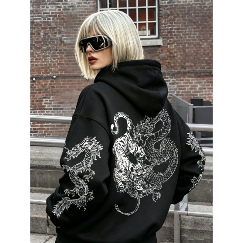 National Style Dark Dragon and Tiger Totem Hooded Sweatshirt! Chinese Style Trendy Dragon Print Unisex Hoodie