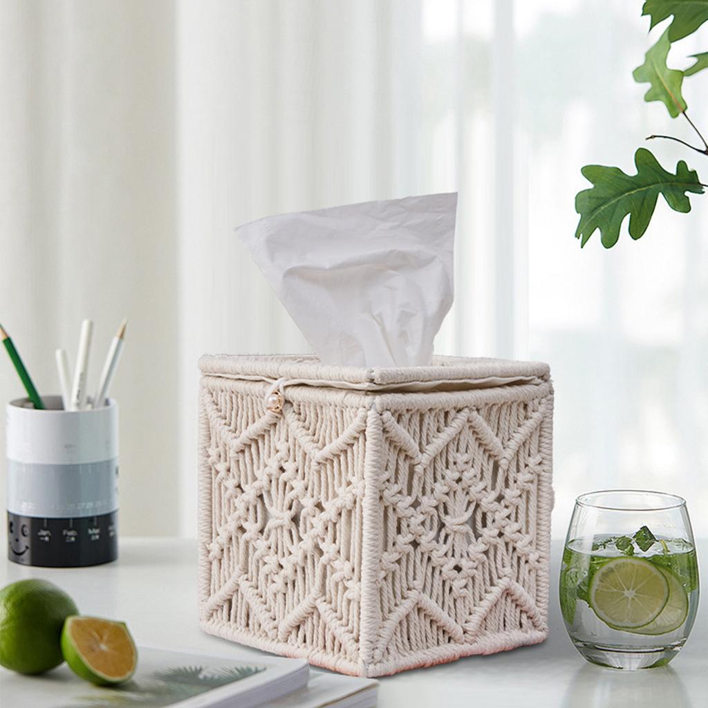 Decorative Square Woven Tissue Box Cover, Macrame Tissue Holder, Fits Most Square Size Tissues, Elegant Design