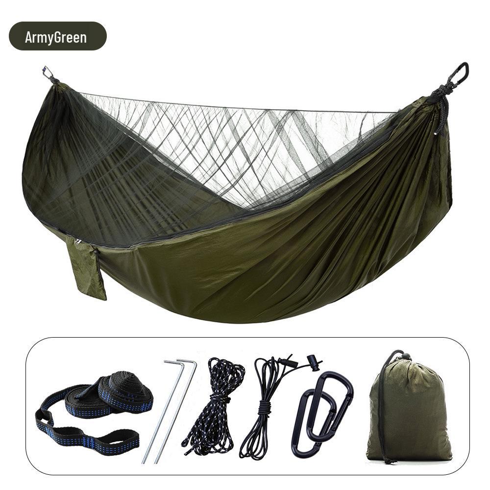 Army Green Mosquito-Proof Quick-Open Camping Hammock, Extended 290x140, Multi-Purpose Outdoor Net Hammock