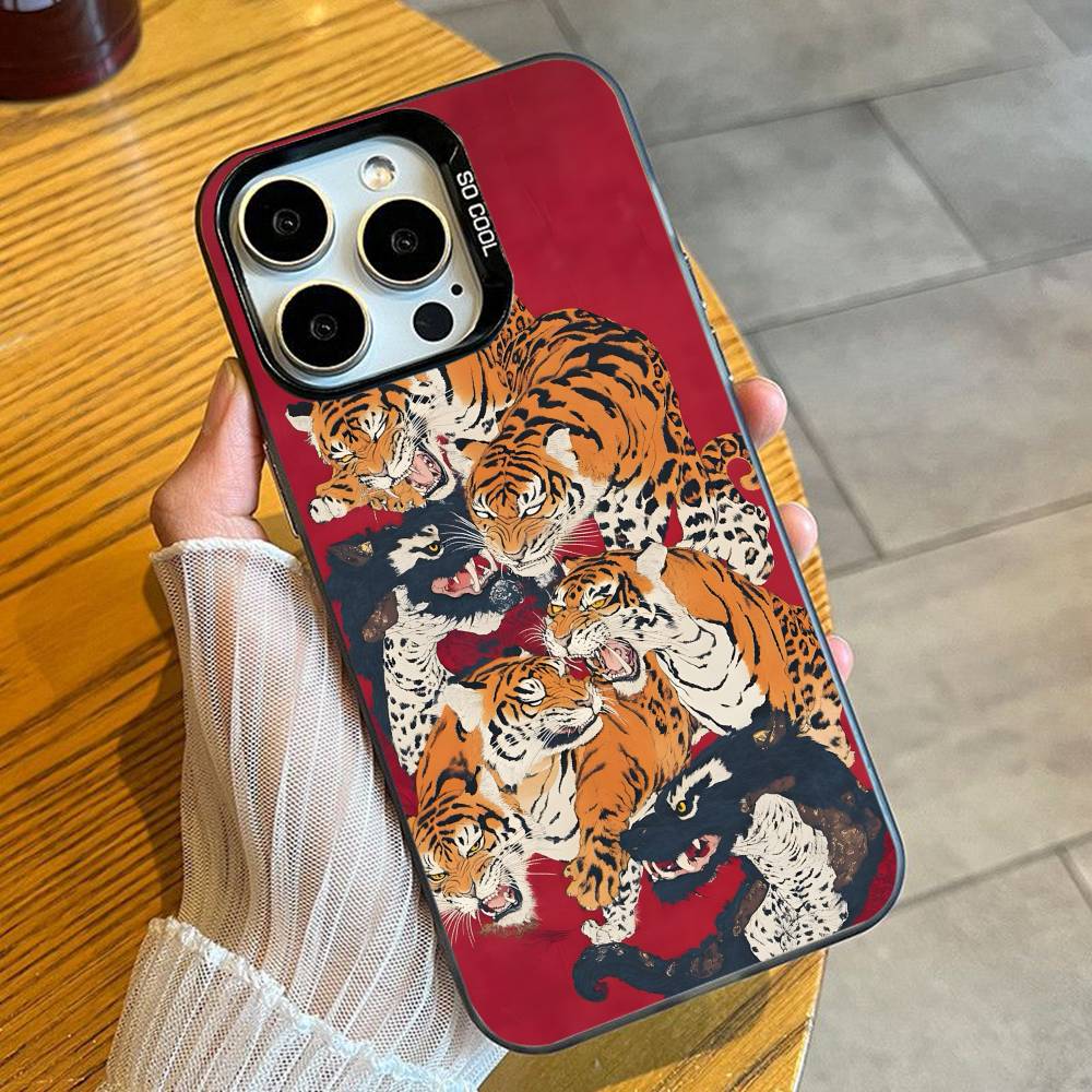 Ukiyo-e Style Tiger Tortoise Print Phone Case For iPhone 16 17 15 14 12 13 Pro Max Black Candy Matte Shockproof Cover