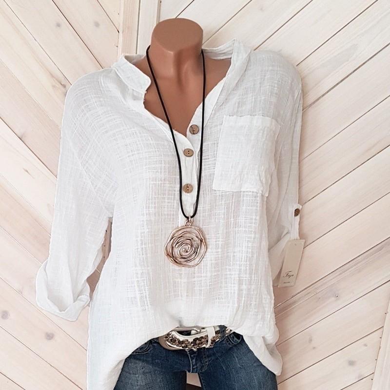 Women Blouses Cotton Linen Blouse Shirts Casual Long Sleeve Neck Loose Shirt Lady Tops