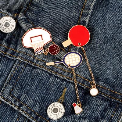 Cartoon Sports Badge Set: Basketball, Badminton & Table Tennis Brooch with Leash Corsage