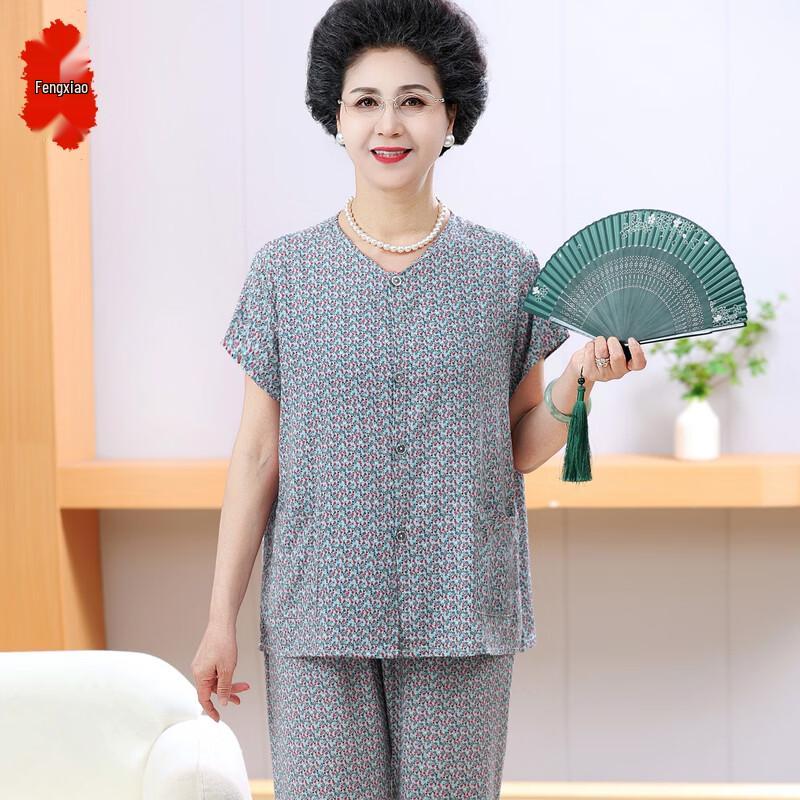 

Elderly Women s Summer Short-Sleeve Cardigan Two-Piece Set 2XL