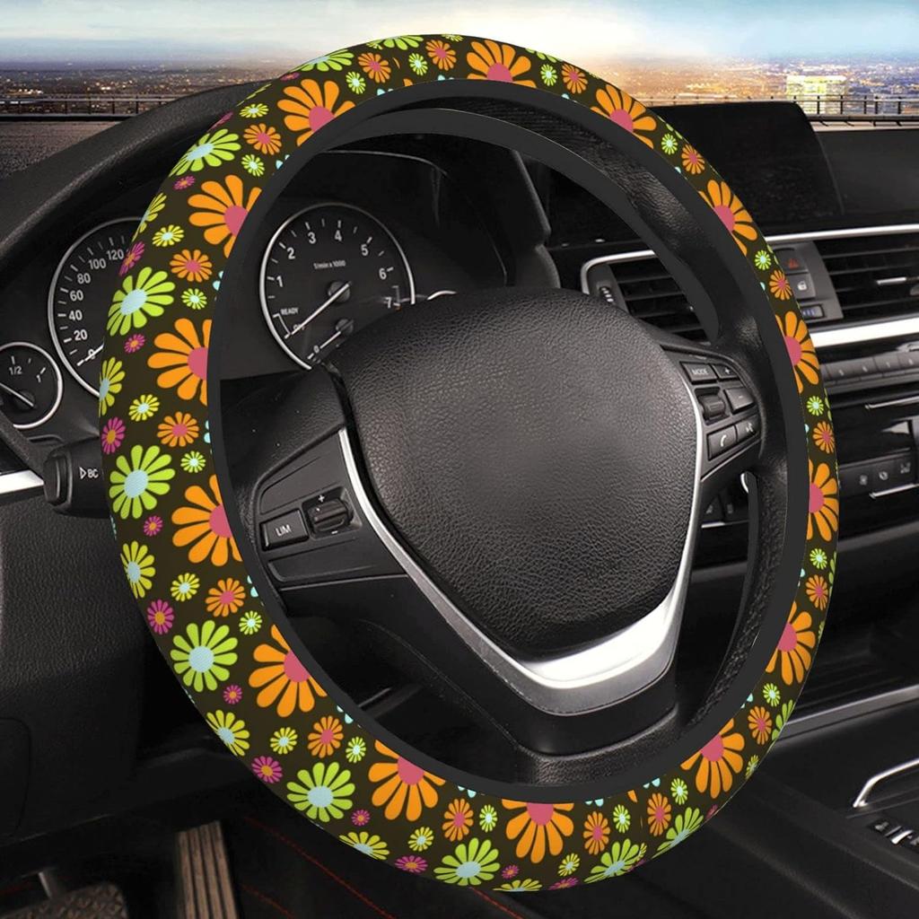 Sage Green Hippie Flower Auto Car Steering Wheel Cover Universal 15 Inch Neoprene Interior Decor Protection Accessories