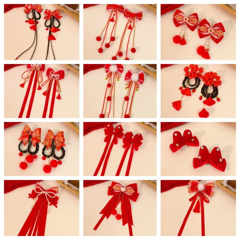 Wig Plush Ball Hairpin Ribbon Princess Forehead Chain Sweet Red Bow Hair Clip Women