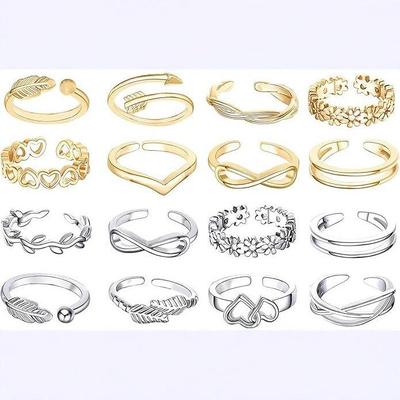 European & American Beach Toe Ring: 16 Styles of Adjustable Heart & Leaf Cut-Out Designs. Open, High-End Style.