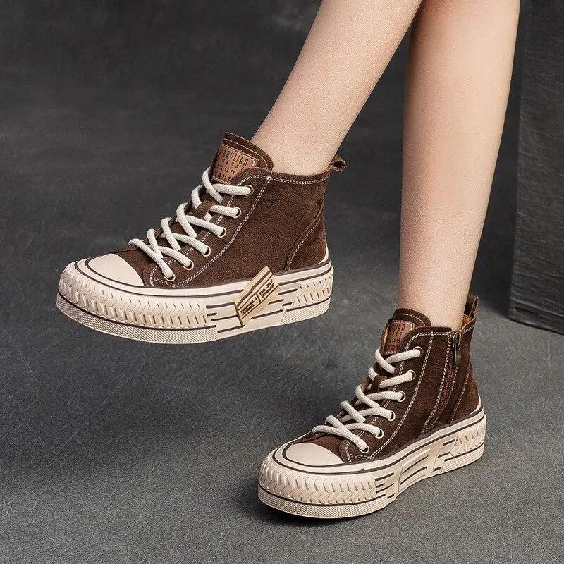 Johnature Spring Genuine Leather Women Flat Shoes Lace-up Handmade Leisure Comfortable Thick Soled Shoes