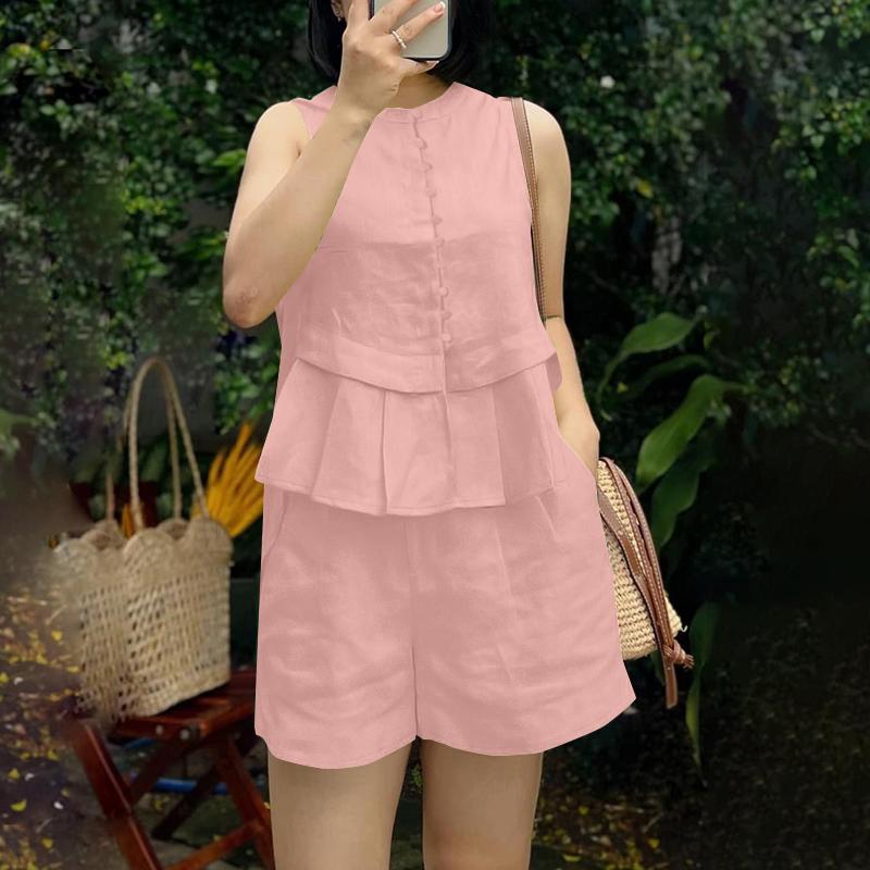 

ZANZEA Женские майки без рукавов и шорты Летние костюмы-двойки 5XL розовый
