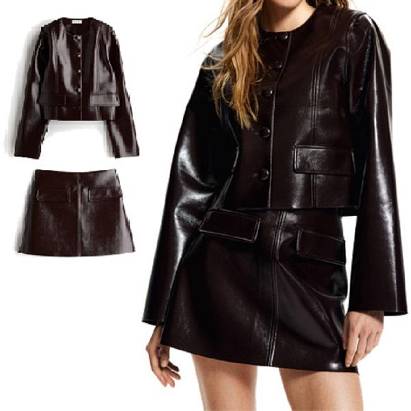 

Весна и осень красно-коричневый двусторонний пиджак короткая юбка костюм уличный мотоциклетный стиль юбка костюм из искусственной кожи XS
