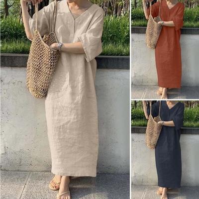 Women's Loose Short Sleeve V Neck Solid Long Dresses
