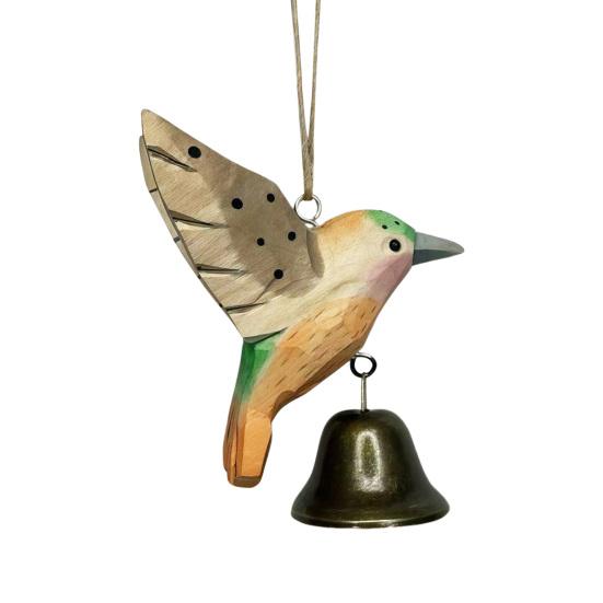 Wood Carving Hummingbird Ornament with Tree Stump/Bell Handcrafted Bird Figurine Statue Sculpture