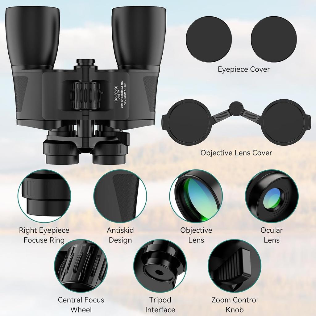 MLight 10-30X50 Zoom Binoculars for Adults, High Powered Military Binoculars for Bird Watching, Hunting, Outdoor, Hiking, Concerts Large