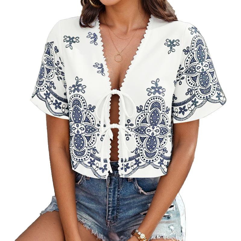 ZANZEA Damen Druck Lässig Sommer V-Ausschnitt Kurzarm Schnürbluse