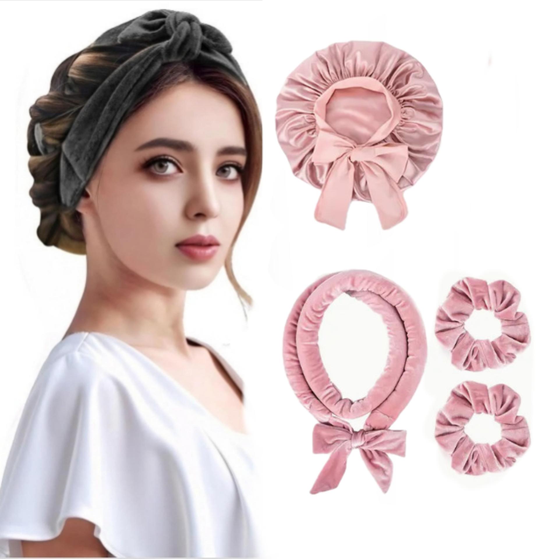 

4 шт. нетермостойкие щипцы для завивки волос, ленивый бант, большая волна, инструмент для укладки волос, банная шапочка, комбинация для легкого сна, идеальный подарок розовый