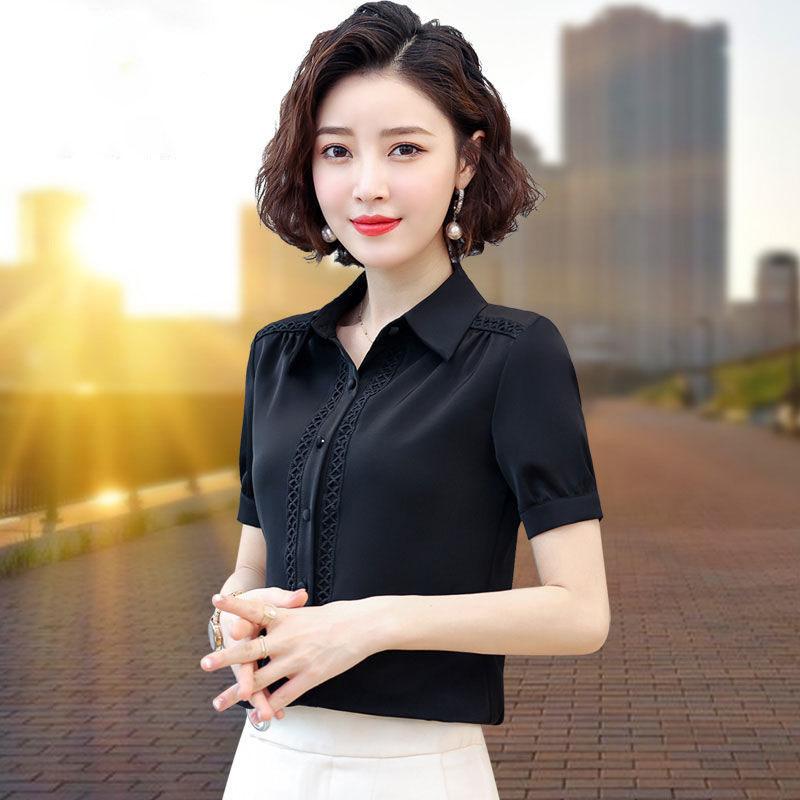 

Летние рубашки для женщин Элегантные повседневные офисные женские топы с коротким рукавом Винтажные блузки Женские рубашки XS чёрный