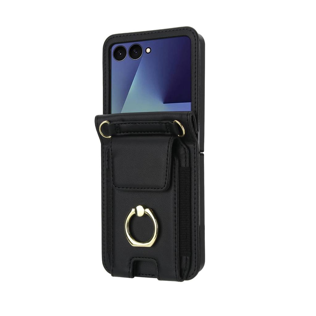 Crossbody Wallet Case for Samsung Galaxy Z Flip 7, with Finger Ring Holder, Wrist Strap, Multiple Card Slots, Stand Flip Cover