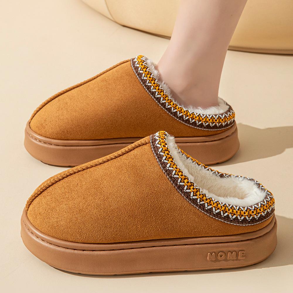 2024 Women's Solid Color Suede Velvet Splice Non-Slip Warm Home Slippers