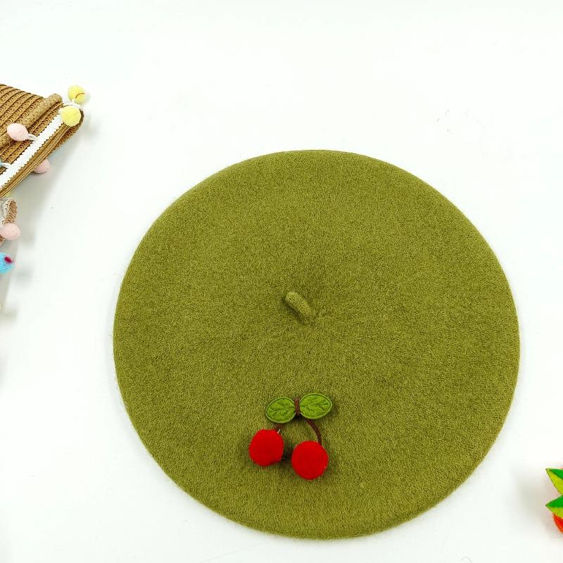 Women's Beret Handmade DIY Fruit Green Apple Painter Hat Cute Girl Little Leaf Woolen Hat Autumn and Winter Outdoor Warm Beanie